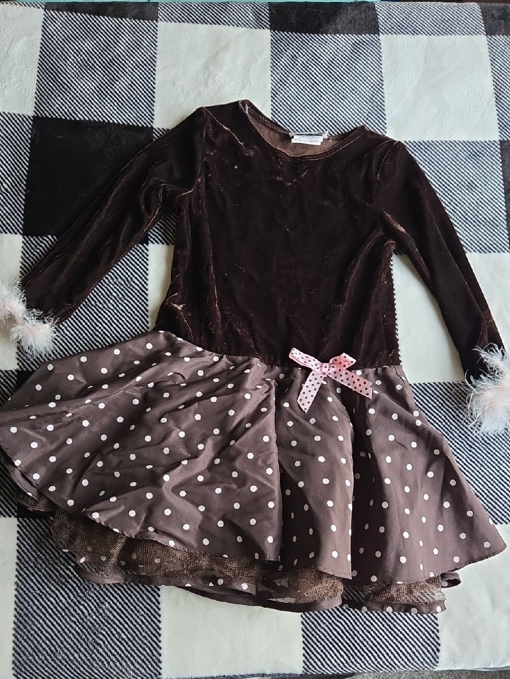 Brown And Pink Polka Dot Velvet Dress